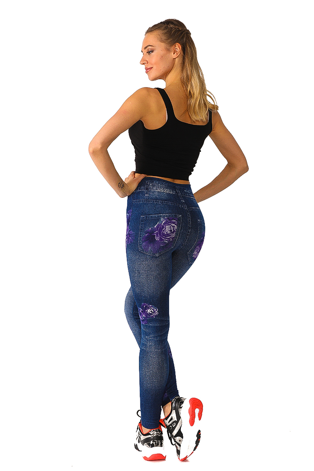 Denim Leggings with Allover Purple Floral Pattern - 2
