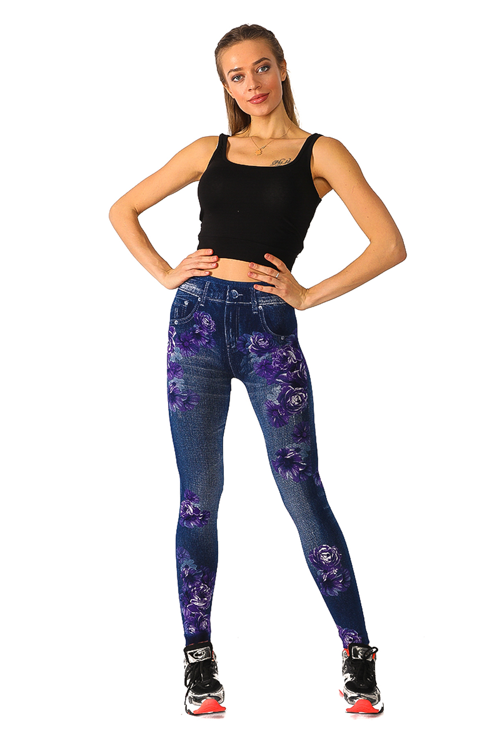 Denim Leggings with Allover Purple Floral Pattern