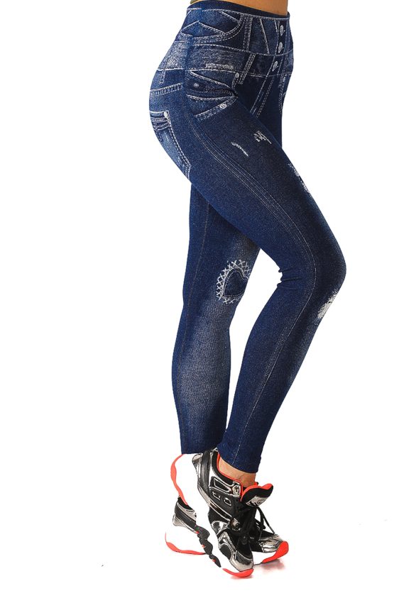 Denim Leggings with Buttons and Rips Pattern - 5