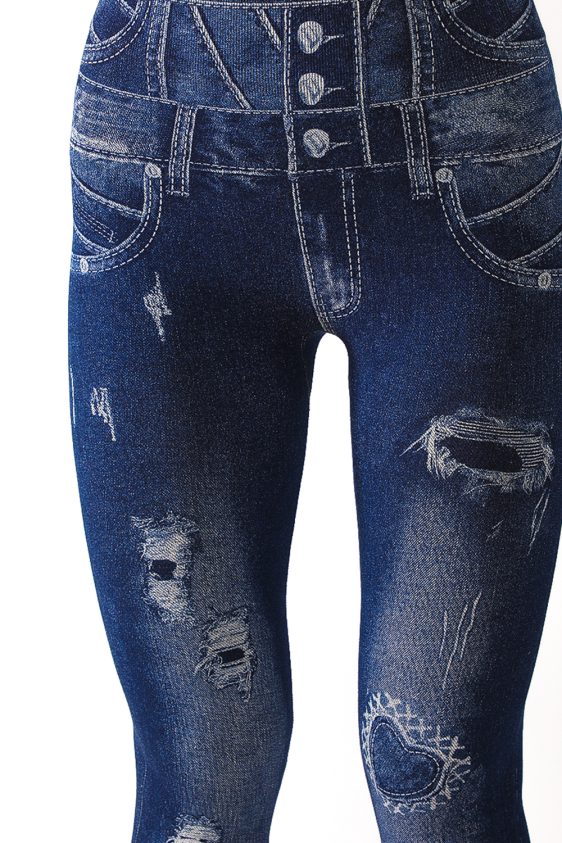 Denim Leggings with Buttons and Rips Pattern - 7