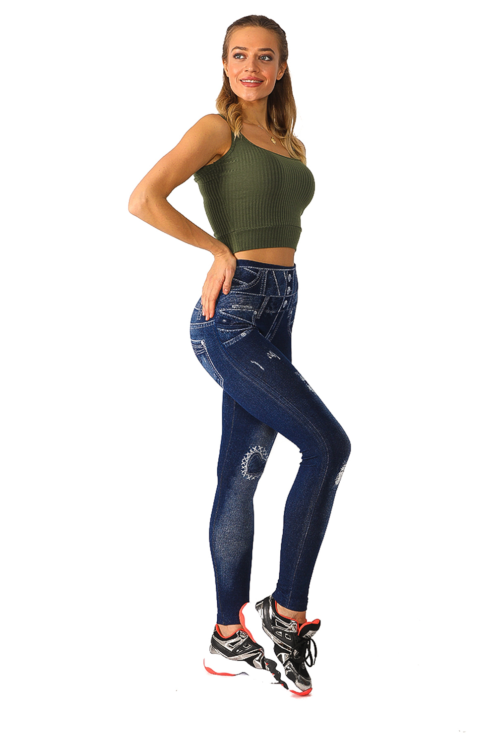 Denim Leggings with Buttons and Rips Pattern - 1
