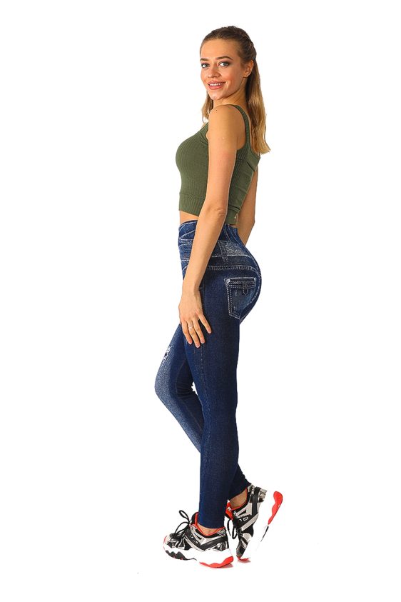 Denim Leggings with Buttons and Rips Pattern - 2