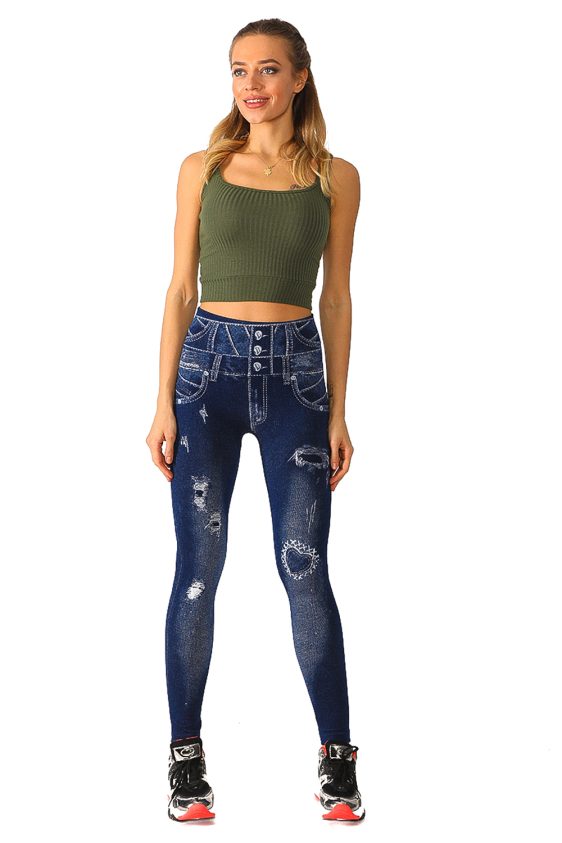 Denim Leggings with Buttons and Rips Pattern