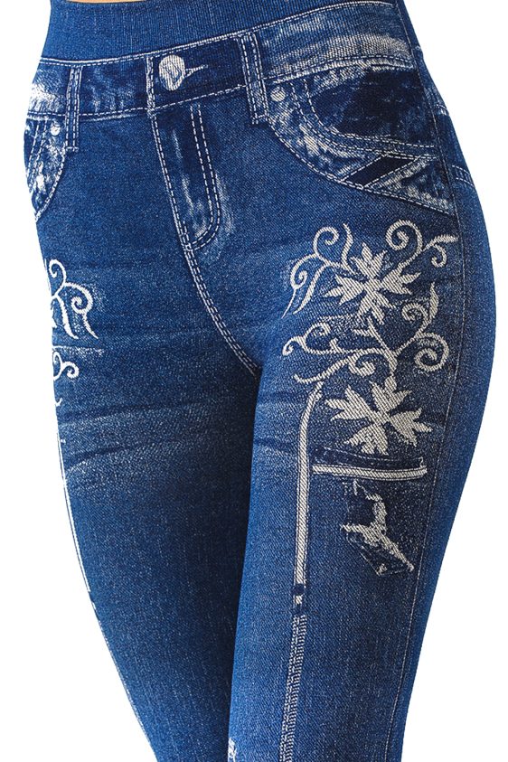 Denim Leggings with Faux Patches on Knees - 7