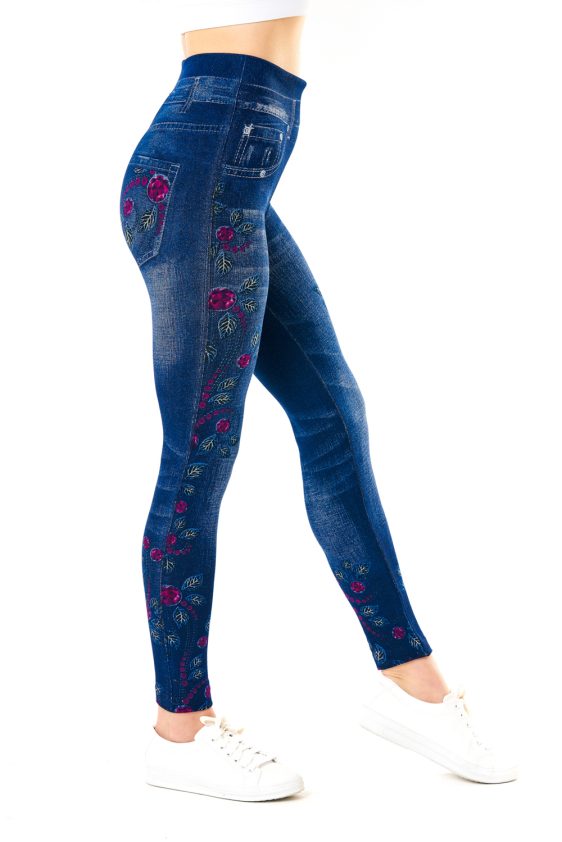 Denim Leggings with Ripped Look Distressed and Floral Pattern - 1