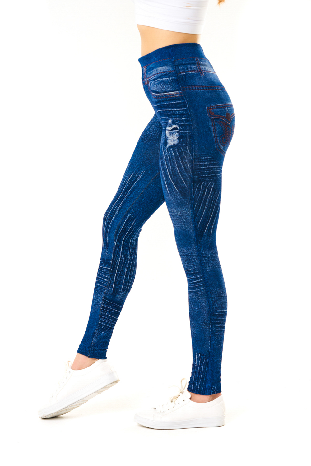 Denim Leggings with Ripped Look Distressed and Floral Pattern - 5
