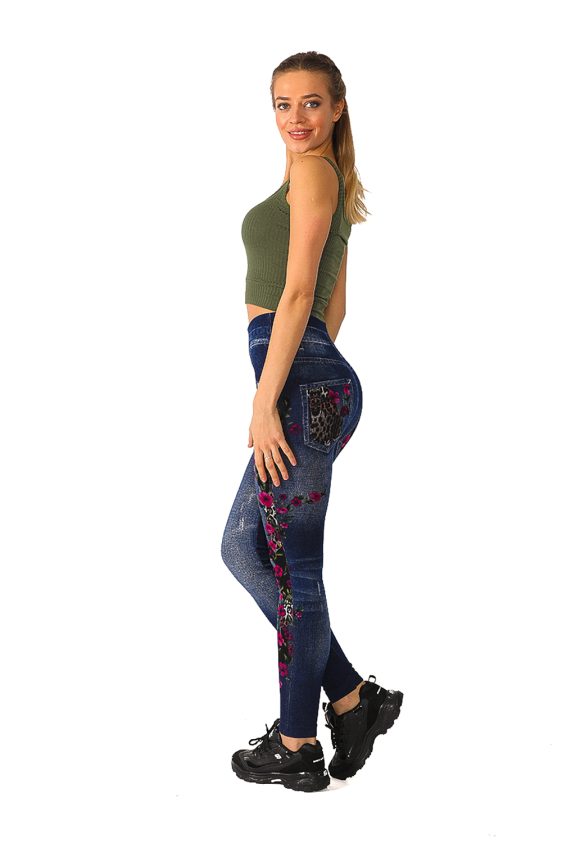 Denim Leggings with with Pink Floral Chain Pattern