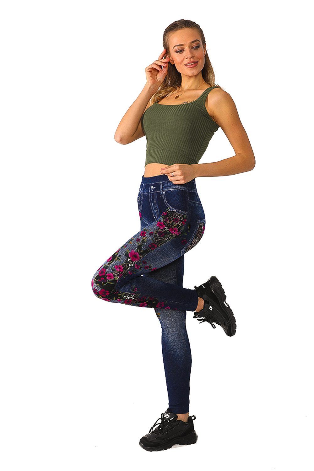 Denim Leggings with with Pink Floral Chain Pattern