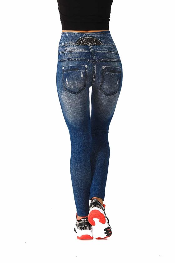 Denim Leggings with Fake Buttons and Ripped Pattern - 5