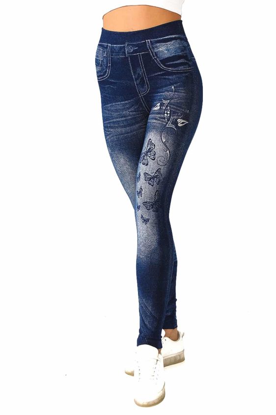 Denim Leggings with Rose Sprout and Butterfly Pattern - 3
