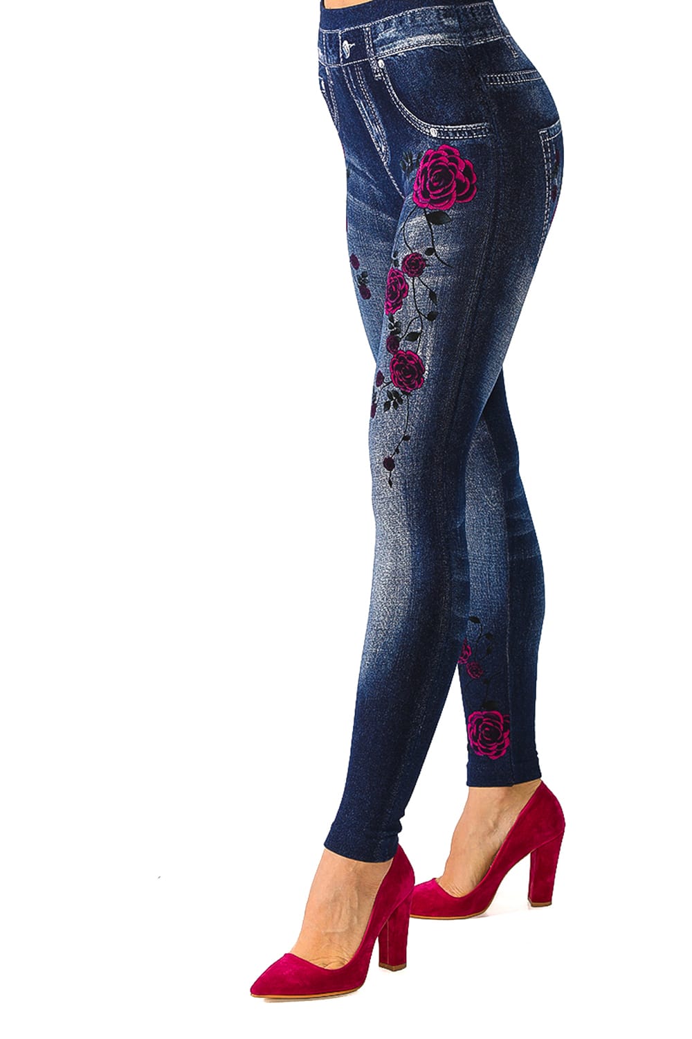 Denim Leggings with Asymmetric Rosy Pattern