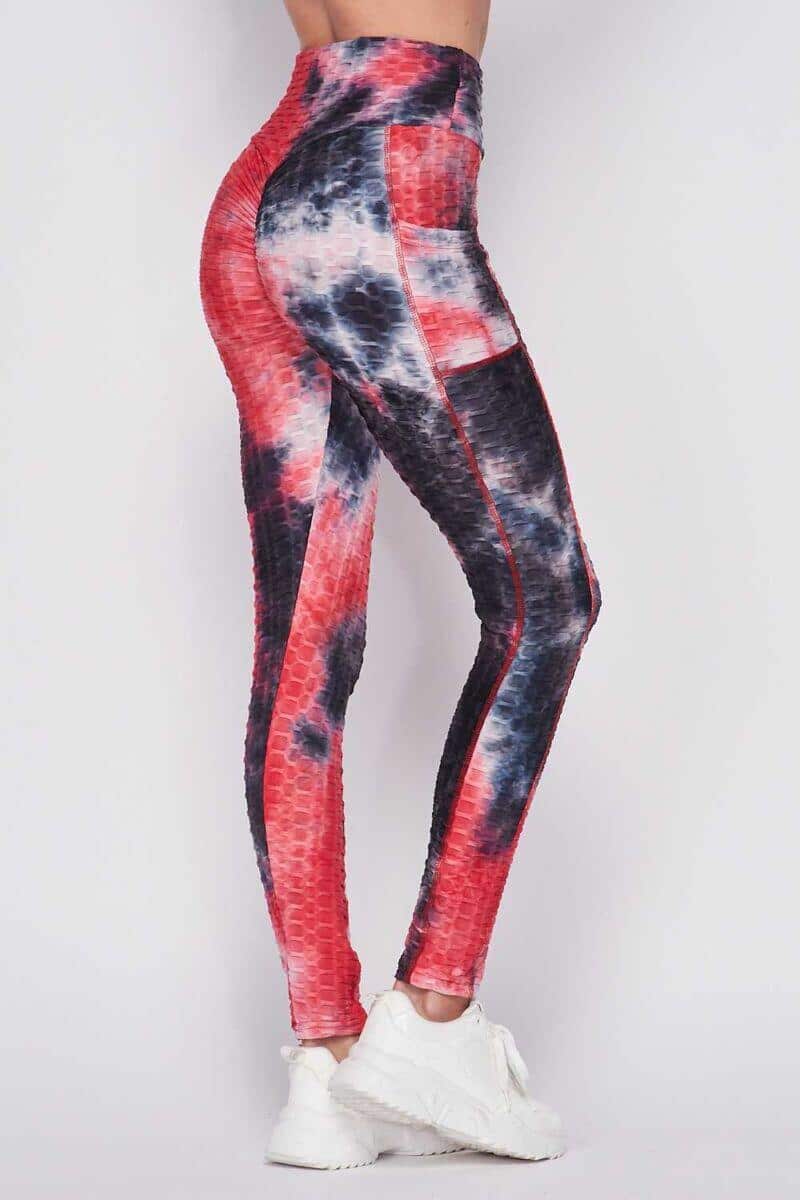 Black Red Tie Dye Leggings With Pockets for Women With 5 High