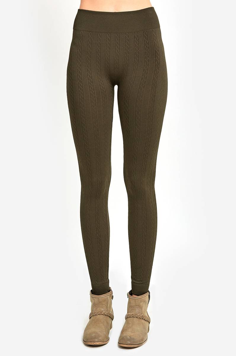 CABLE-KNIT LEGGINGS - washed green