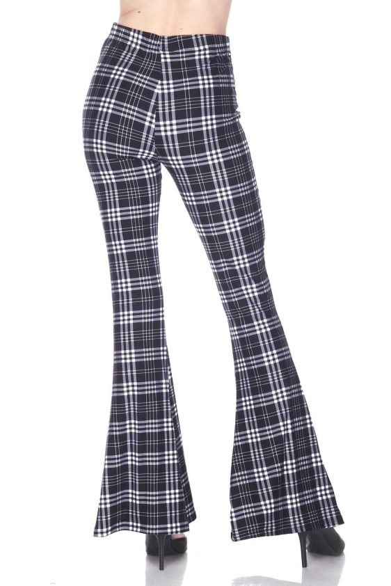 Women's Black and Grey Plaid Flared Elastic Pants - 1