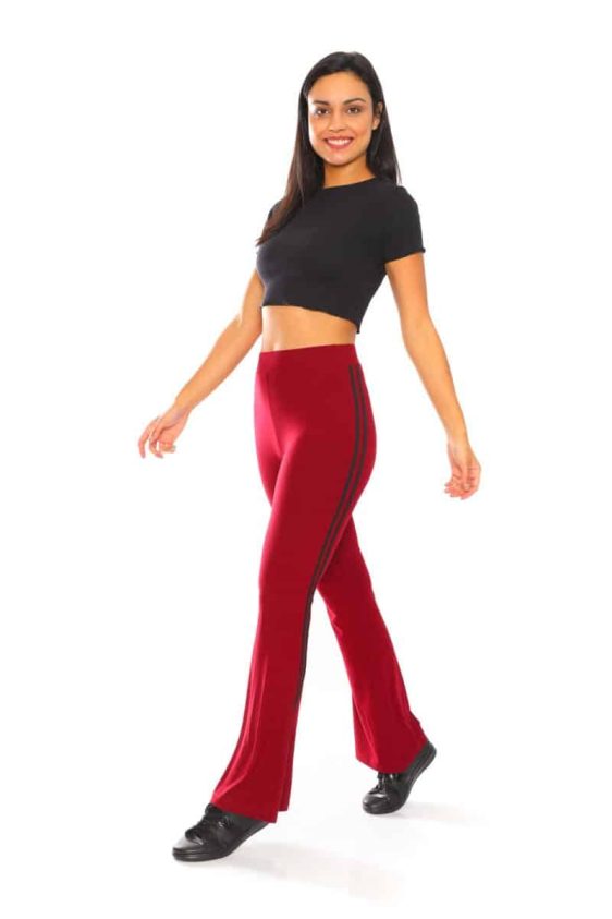 Yummy Material Flare Pants Solid Burgundy with Black Stripes - 2