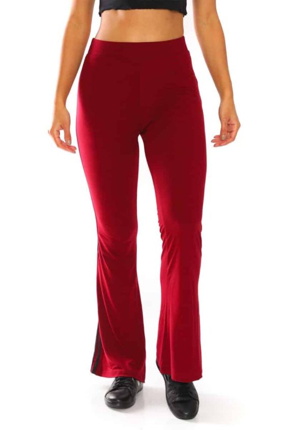 Yummy Material Flare Pants Solid Burgundy with Black Stripes - 3