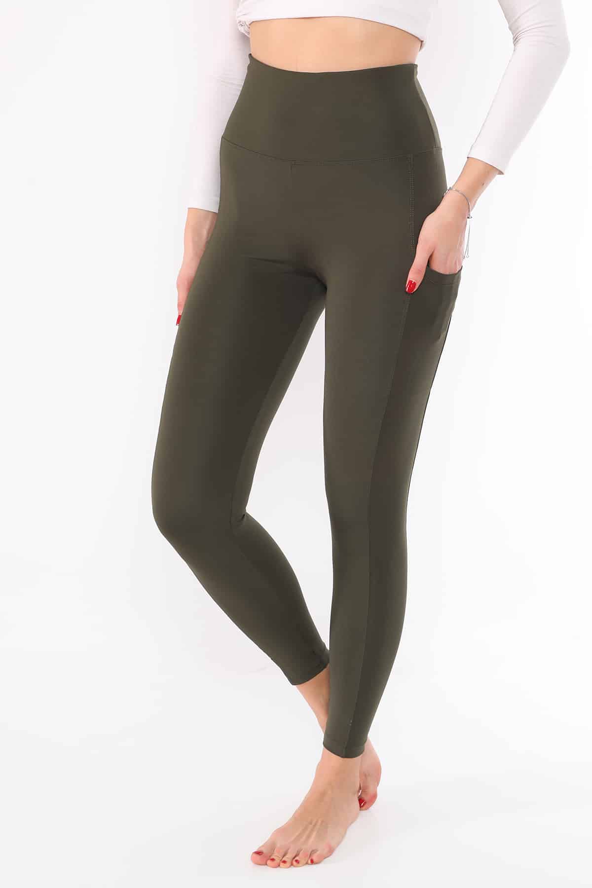 Activewear High Waisted Olive Color Yoga Pants with Side Pockets - Its All  Leggings