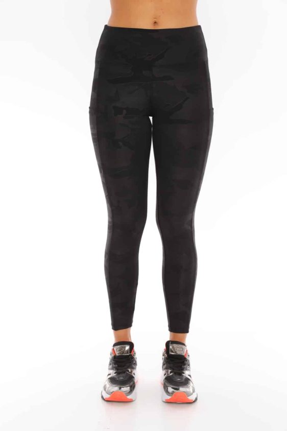 Active Wear High Waisted Black Color Camo Design Yoga Pants with Side Pockets