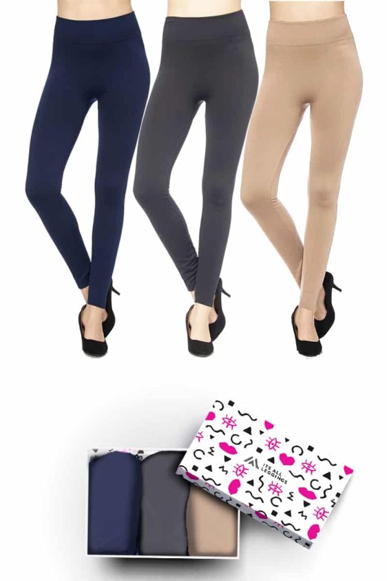 Solid Color 3 Inch High Waisted Ankle Length Fleece Lined Leggings with Gift Box (Charcoal, Navy, Khaki) (One Size)