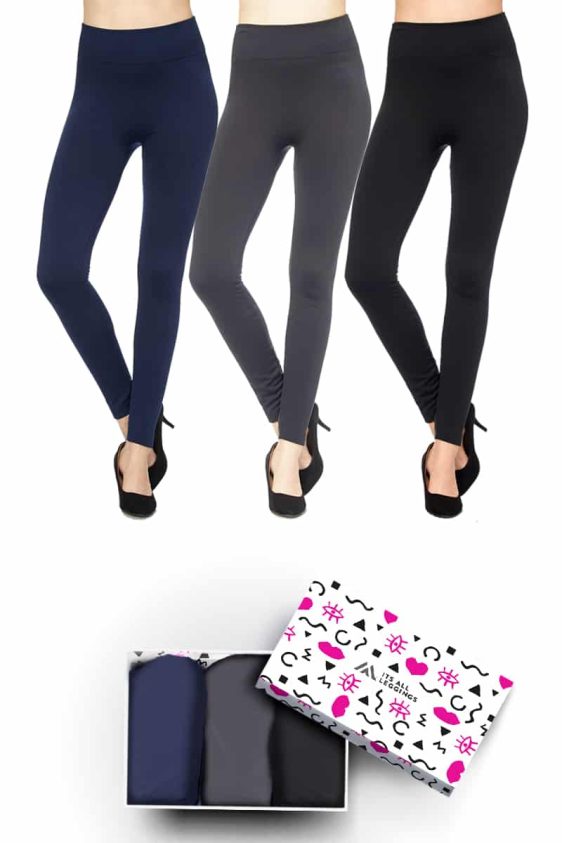 Solid Color 3 Inch High Waisted Ankle Length Fleece Lined Leggings with Gift Box (Charcoal, Black, Navy) (One Size)