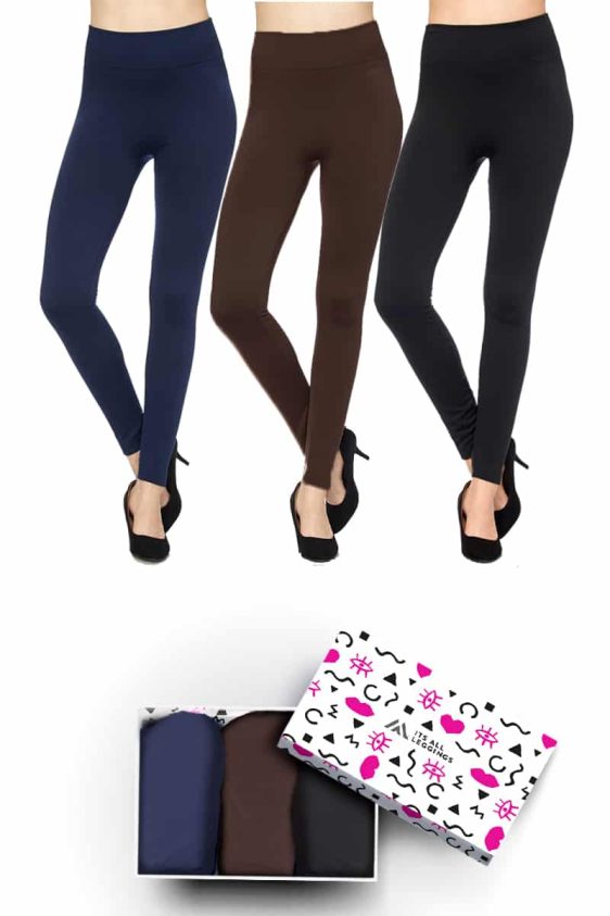 Solid Color 3 Inch High Waisted Ankle Length Fleece Lined Leggings with Gift Box (Navy, Black, Brown)(One Size)
