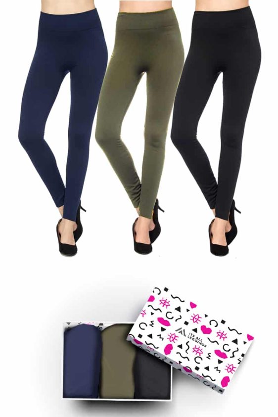 Solid Color 3 Inch High Waisted Ankle Length Fleece Lined Leggings with Gift Box (Navy, Black, Olive) (Plus Size)