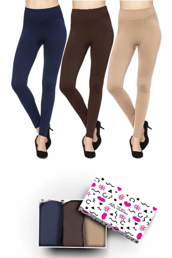 Solid Color 3 Inch High Waisted Ankle Length Fleece Lined Leggings with Gift Box (Navy, Brown, Khaki) (Plus Size)