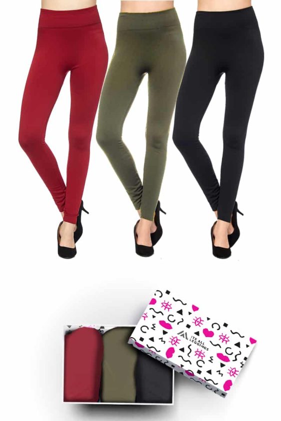 Solid Color 3 Inch High Waisted Ankle Length Fleece Lined Leggings with Gift Box (Olive, Black, Red)( Plus Size)