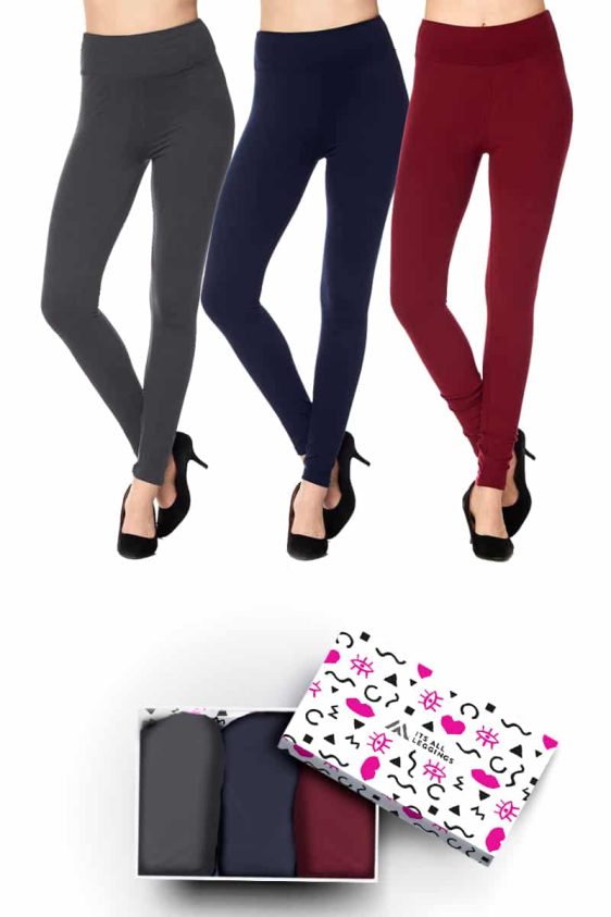 Solid Color 3 Inch High Waisted Ankle Length Leggings with Gift Box (Brown, Burgundy, Navy) (One Size)