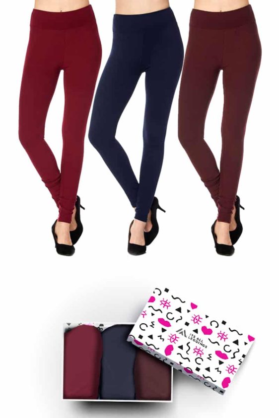 Solid Color 3 Inch High Waisted Ankle Length Fleece Lined Leggings with Gift Box (Navy, Charcoal, Burgundy) (One Size)