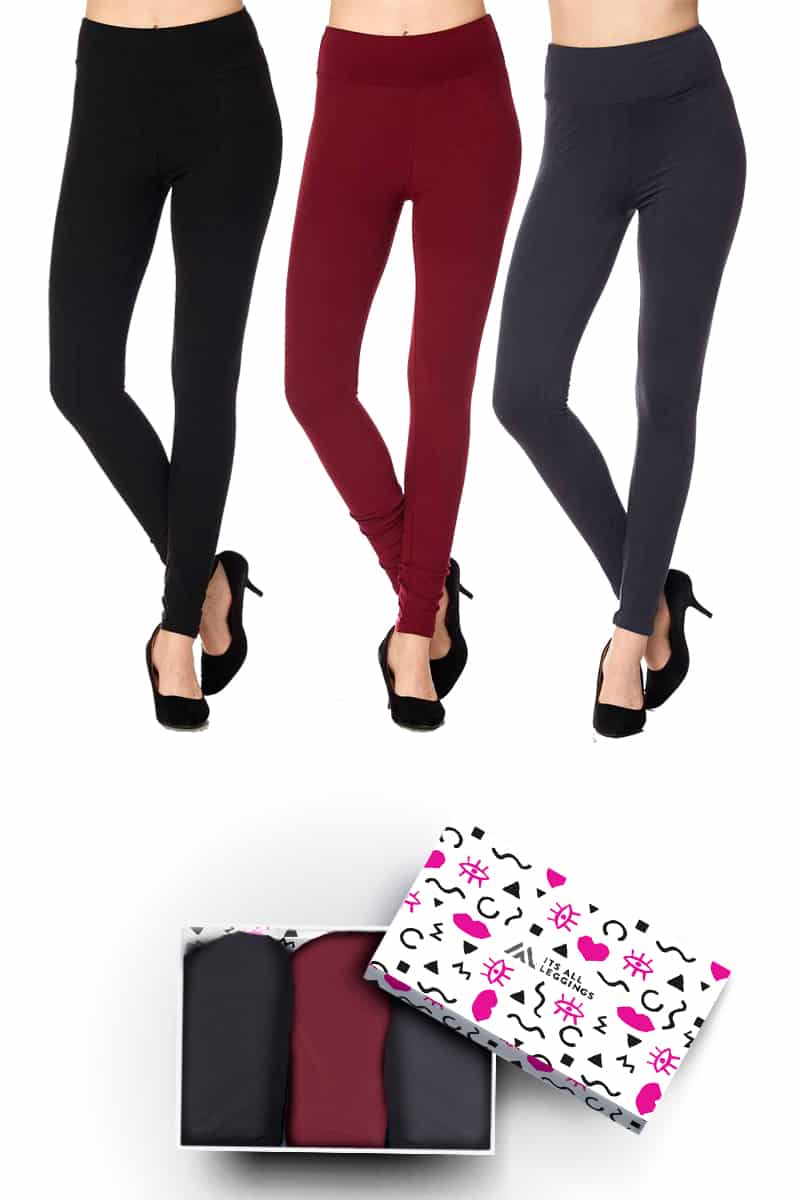 Solid Color 3 Inch High Waisted Ankle Length Leggings with Gift Box (Burgundy, Charcoal, Black) (One Size)