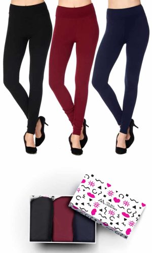 Solid Color 3 Inch High Waisted Ankle Length Leggings with Gift Box (Burgundy, Black, Navy) (One Size)