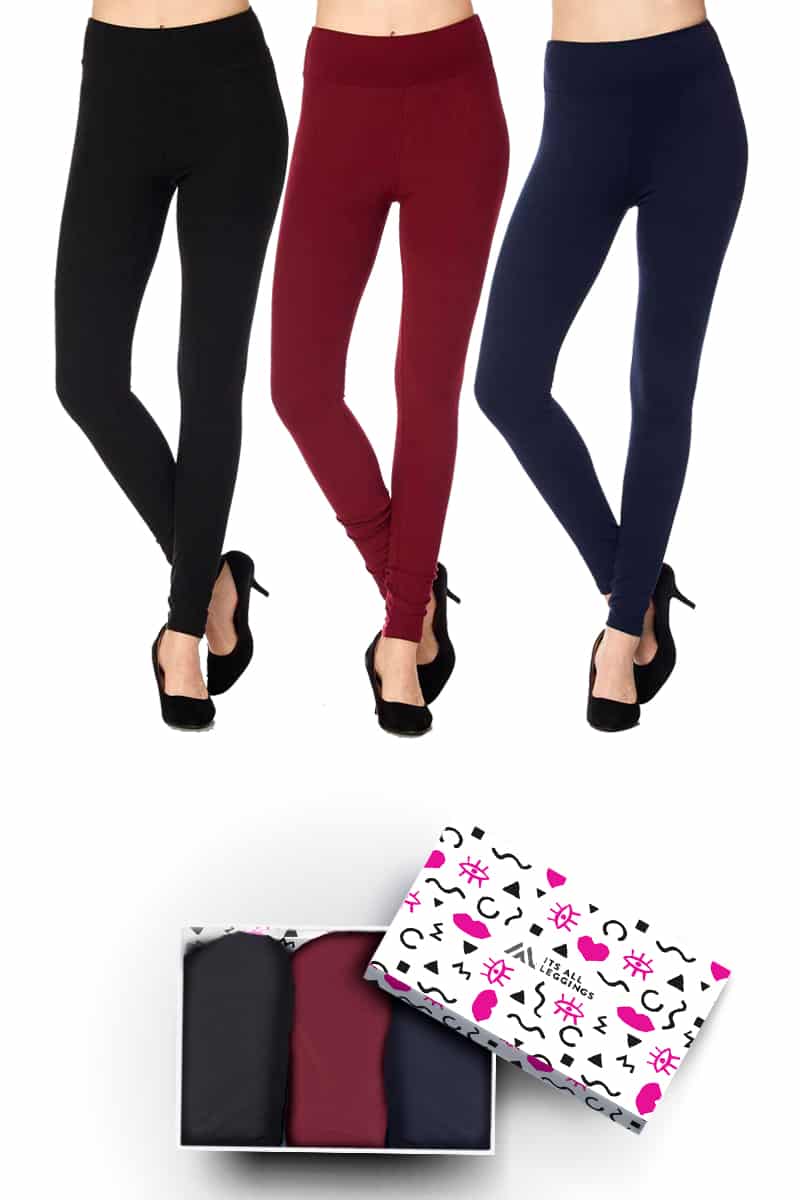 Solid Color 3 Inch High Waisted Ankle Length Leggings with Gift Box (Burgundy, Black, Navy) (One Size)