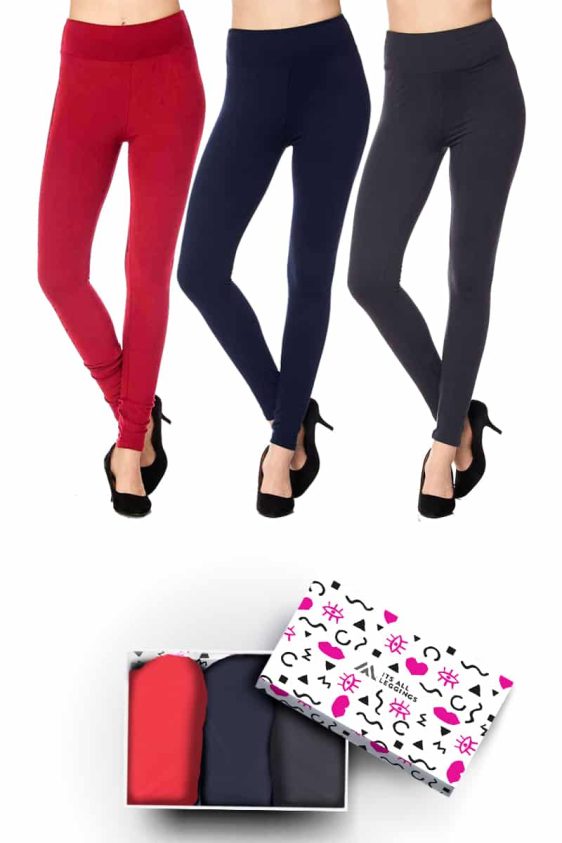 Solid Color 3 Inch High Waisted Ankle Length Leggings with Gift Box (Navy, Charcoal, Red) (One Size)
