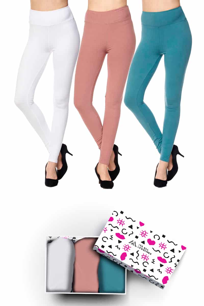 Solid Color 3 Inch High Waisted Ankle Length Leggings with Gift Box (Mauve, Sea Blue, White) (Plus Size)