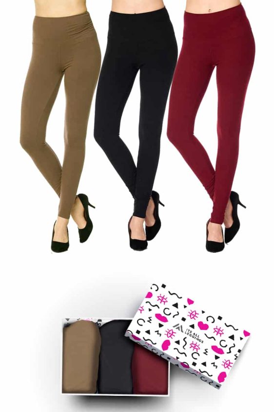 Solid Color 5 Inch Super Waisted Ankle Length Leggings with Gift Box (Burgundy, Olive, Black) (One Size)