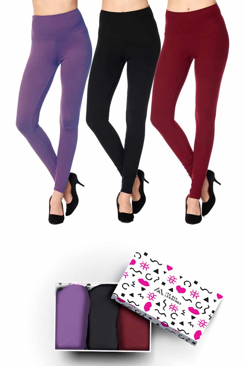 Solid Color 5 Inch Super Waisted Ankle Length Leggings with Gift Box  (Burgundy, Purple, Black) Gift Box (One Size) - Its All Leggings