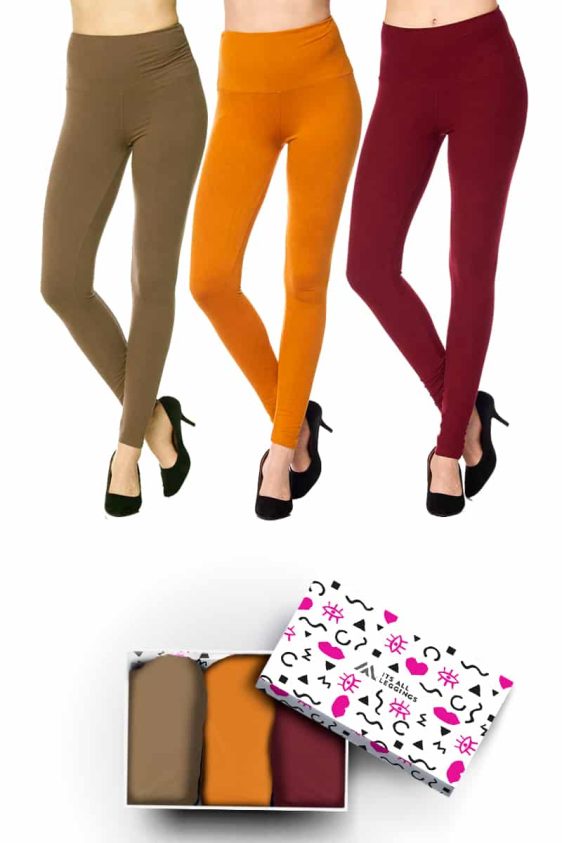 Solid Color 5 Inch Super Waisted Ankle Length Leggings with Gift Box (Burgundy, Mustard, Olive) (Plus Size)