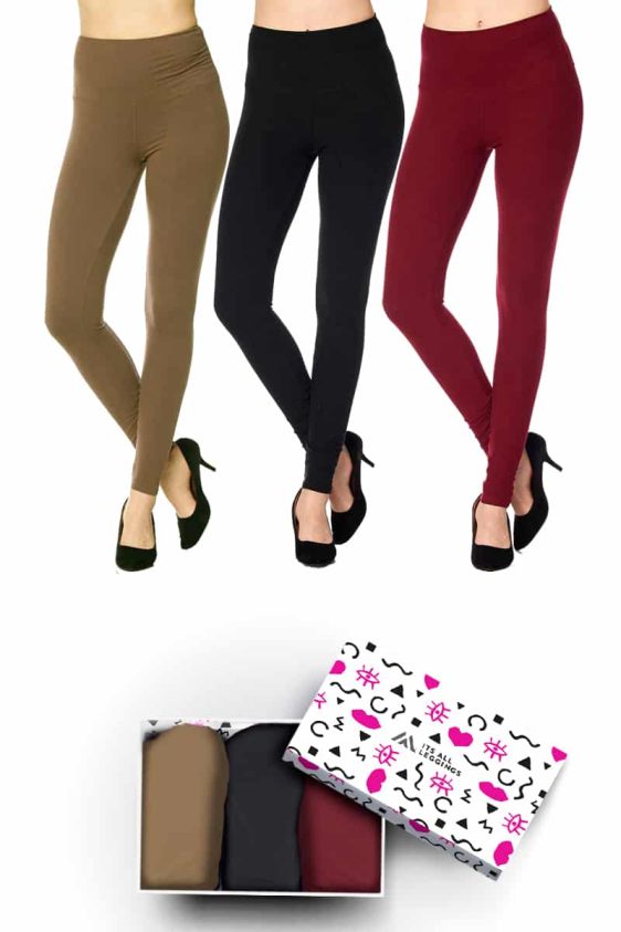 Solid Color 5 Inch Super Waisted Ankle Length Leggings with Gift Box (Burgundy, Olive, Black) (Plus Size)