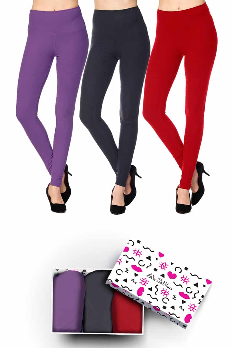 Solid Color 5 Inch Super Waisted Ankle Length Leggings with Gift Box (Purple, Red, Charcoal) (XPlus Size)