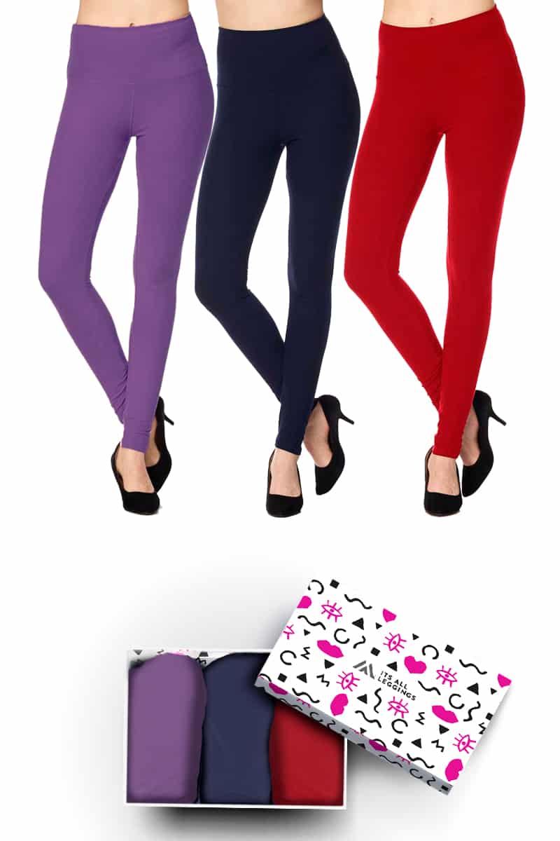Solid Color 5 Inch Super Waisted Ankle Length Leggings with Gift Box (Purple, Red, Navy) (XPlus Size)