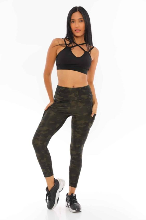 Active Wear High Waisted Green Color Camo Design Yoga Pants with Side Pockets