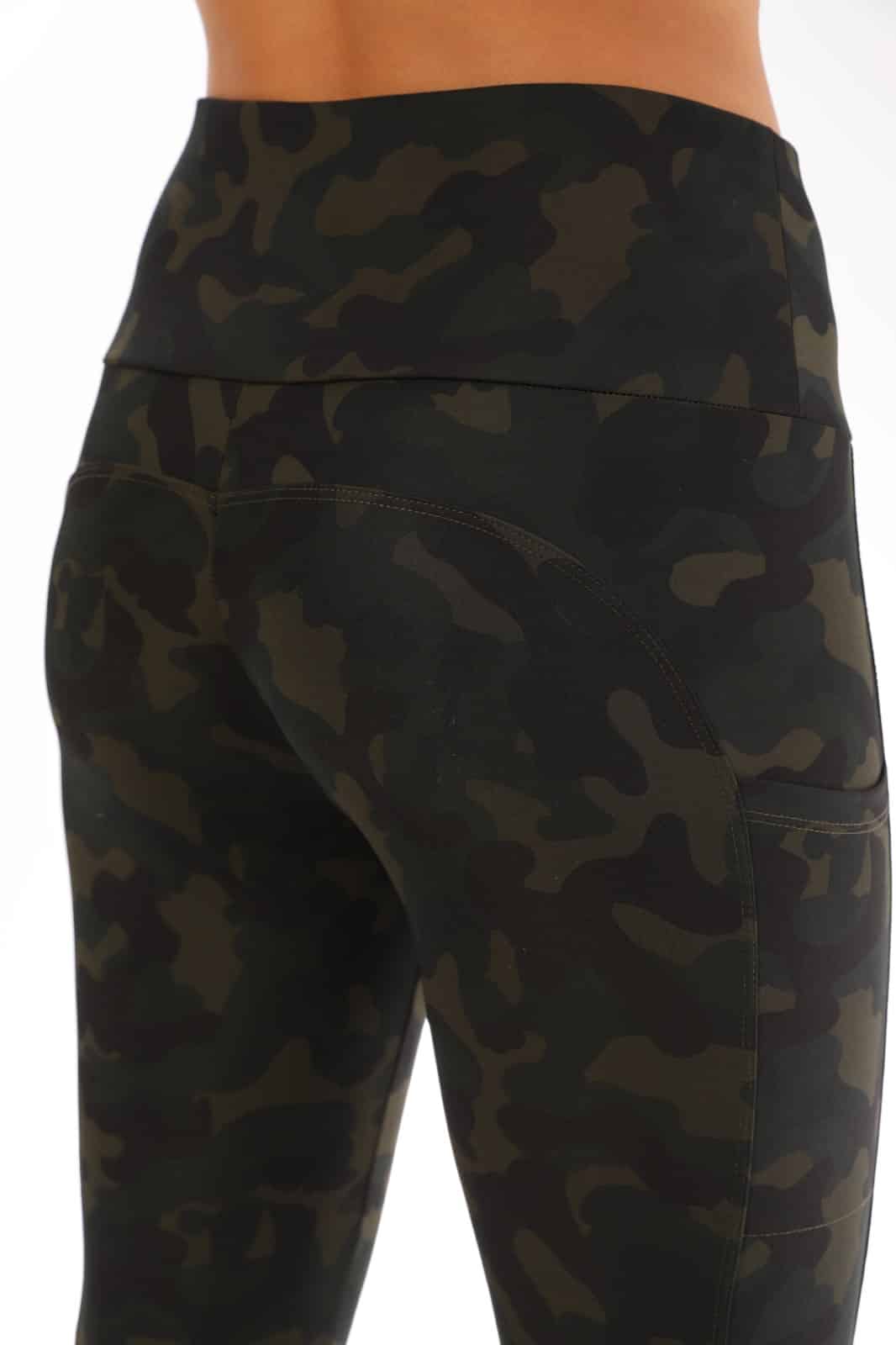 Stylish Green Camo Leggings with High Rise Waist and Pocket - Women's Size L