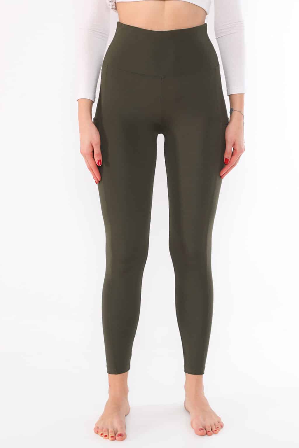 Active Wear High Waisted Olive Color Yoga Pants with Side Pockets