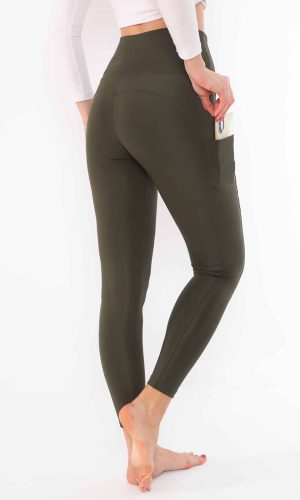 Active Wear High Waisted Olive Color Yoga Pants with Side Pockets