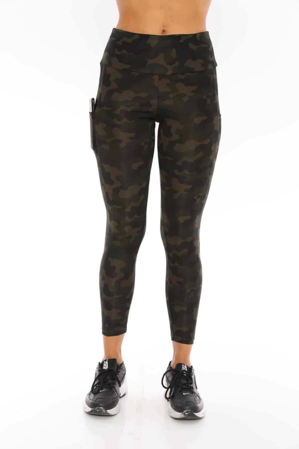 Active Wear High Waisted Green Color Camo Design Yoga Pants with Side Pockets