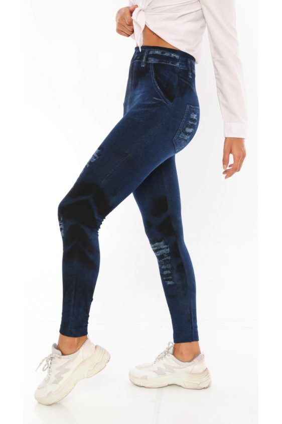 Denim Leggings with Ripped Tie Dye Look Navy Blue and Black Color