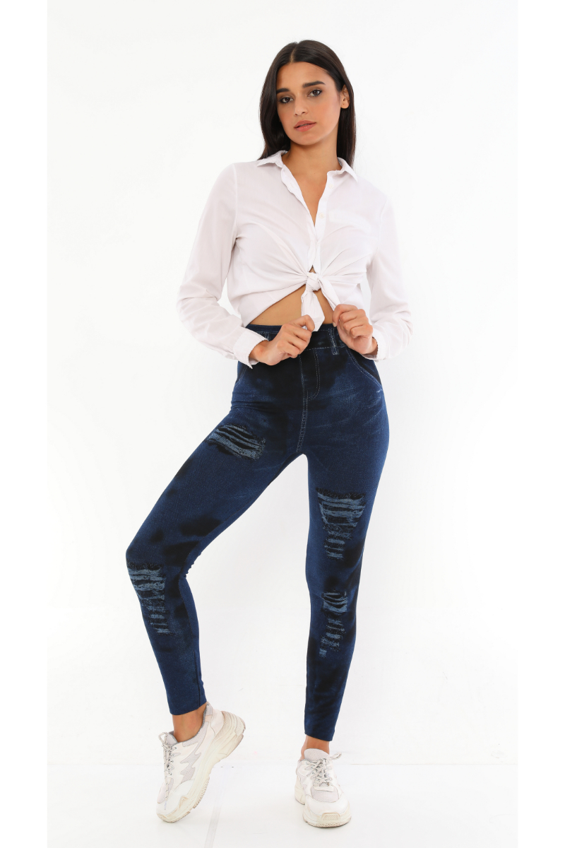 Denim Leggings with Ripped Tie Dye Look Navy Blue and Black Color - Its