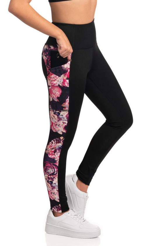 Full Length Active Leggings with Evening Roses Print Side Panel