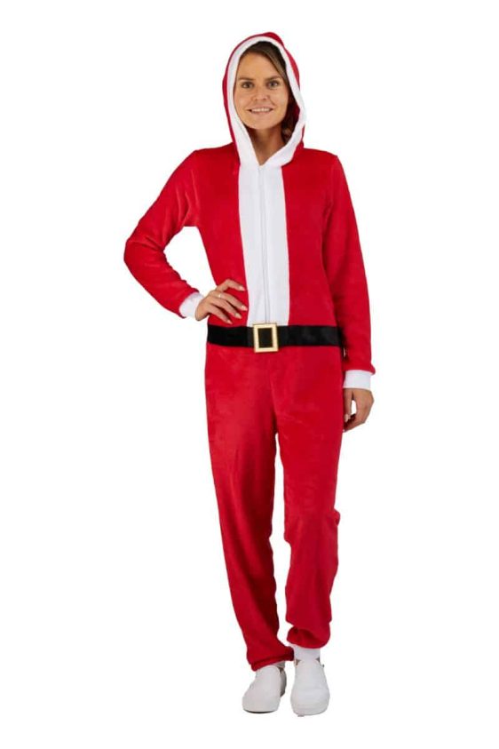 Women's Christmas Hooded Zip Up One Piece Santa Claus Cozy Onesie